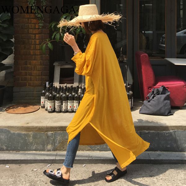 

korea candy-colored round neck solid color vent hem long t-shirt 2020 spring summer korean fashion sunscreen clothes9, White