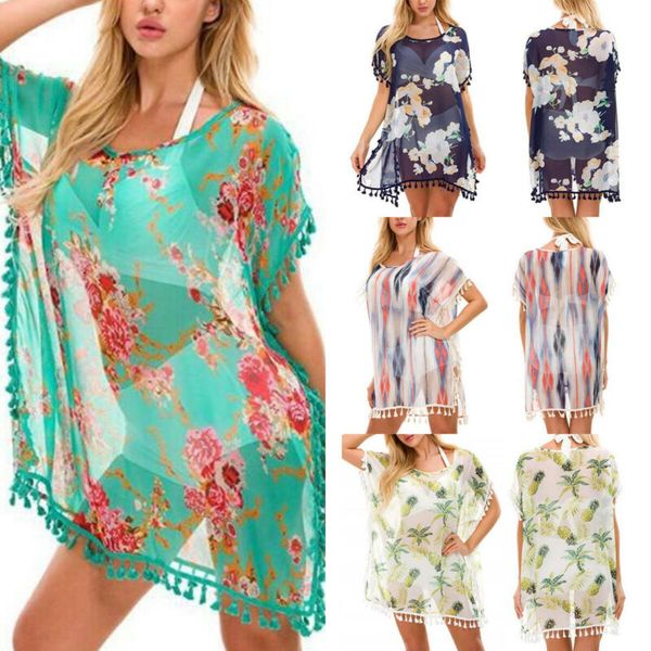 

summer women chiffon bikini cover up tassel beach dress bathing suit flower pineapple print mini swimming dresses swimwear, Blue;gray