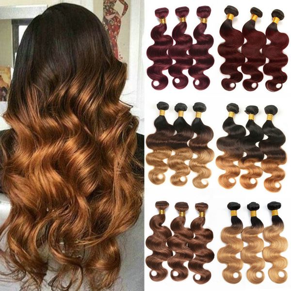 

T1B/4/30 Ombre Body Wave Indian Hair Weave Bundles 3 Tone Black Brown Blonde Malaysian Human Hair Bundles Brazilian Remy Hair 1B/4/27