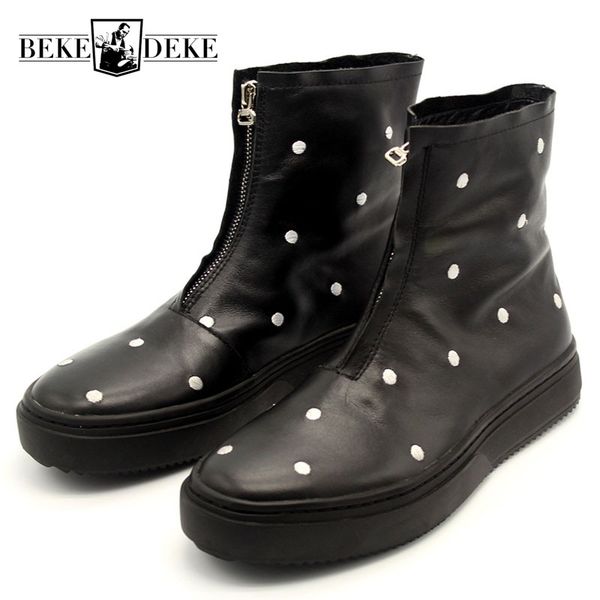 

winter designer white polka dot embroidery runway ankle boots men zipper high toe punk thick platform male nature leather shoes, Black