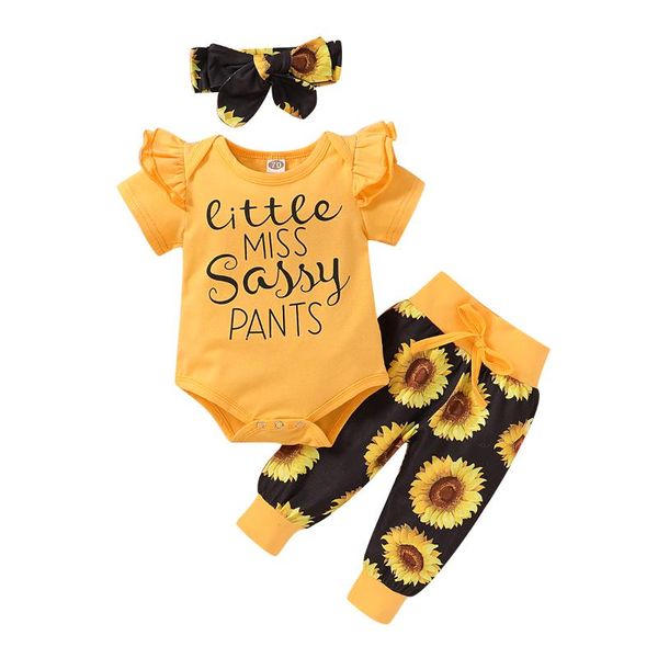 

newborn baby girl 0-24m clothes letter print short sleeve romper sunflower print long pants headband 3pcs outfits set, White