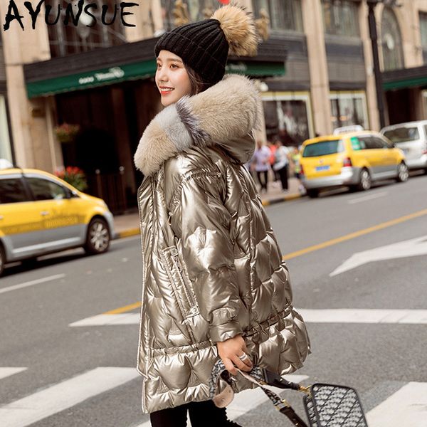 

ayunsue winter down jacket woman hooded big fur collar duck down coat winter autumn korean womens jackets brands, Black