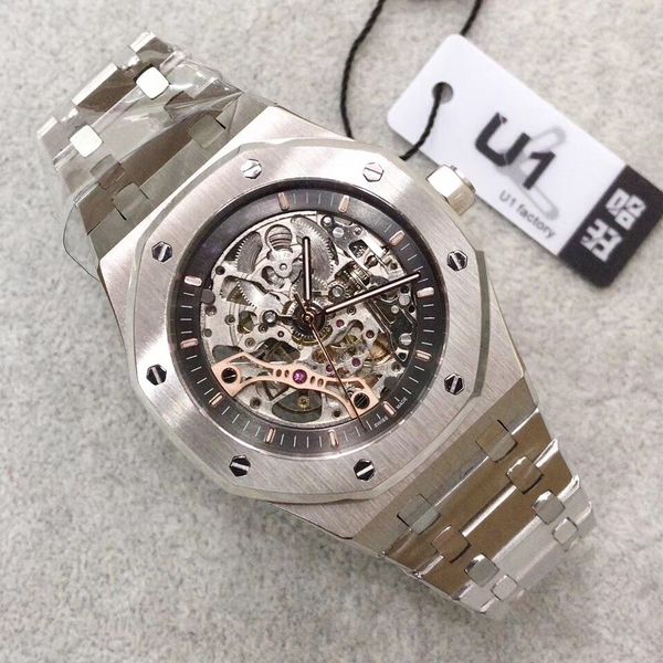 

u1 3a luxury mens watch royal oak 15407st 41mm skeleton dial 316l stainless steel strap sapphire automatic mechanical classic designer watch, Slivery;brown