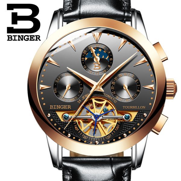 

switzerland binger business watch men skeleton men automatic self wind mechanical waterproof watch relogio masculino 2019, Slivery;brown