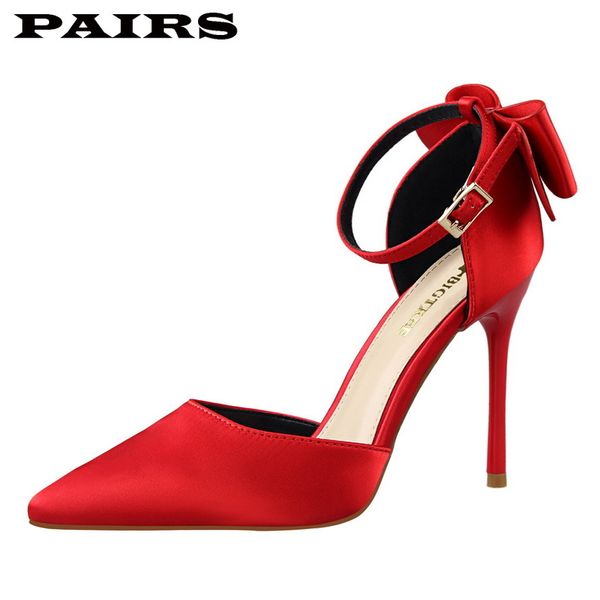 

new sweet beauty shoes stiletto high heel shallow mouth female sandals pointed silk satin hollow bow one word with sandals 35-43, Black