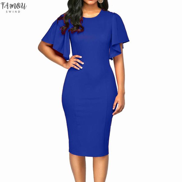 

women ruffles sleeve slim pencil dress office ladies plus size 5xl solid sheath casual work business party dresses, Black;gray