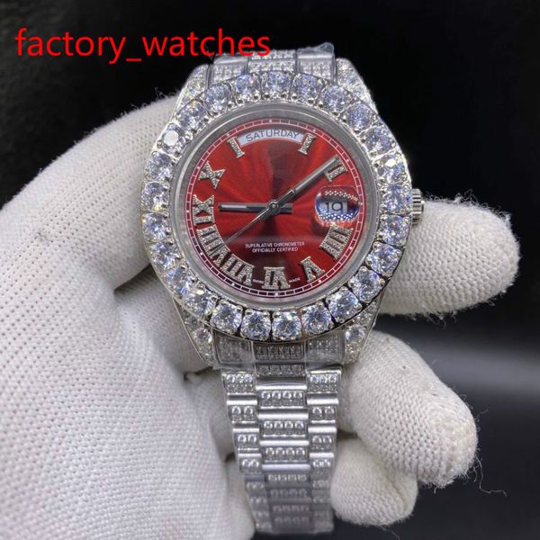 

prong set diamond men's watch watches 43mm 316 stainless steel silver case red face watch automatic watches, Slivery;brown