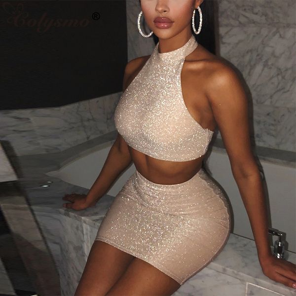 

colysmo shiny stretch 2 piece set women backless crop two piece set matching summer mini skirt set sets club outfits, Gray