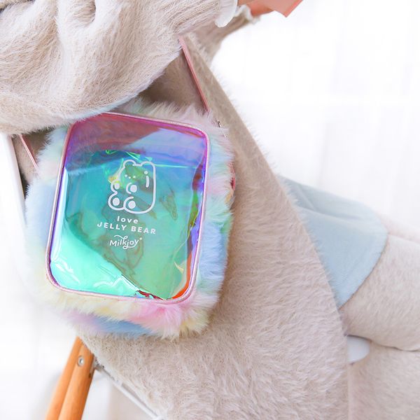 

women kawaii cartoon shoulder bag teenager girls travel bag pvc with plush laser cross body cute lovely handbag rainbow tote
