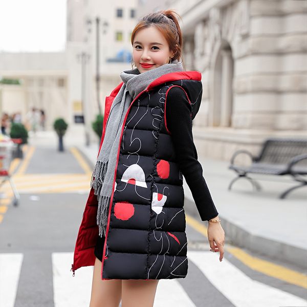 

black new arrival 2019 women winter vest women long vest jacket sleeveless hooded down cotton slim waistcoat warm, Black;white