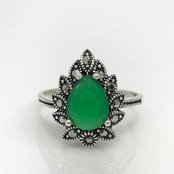 

marcasite stem emerald stone drop sterling silver authentic ring, Golden;silver