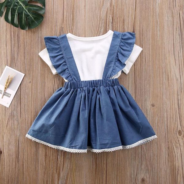 

summer girl clothes set baby girl short sleeve letter t-shirt blouse+solid print strap dress casual outfits set selling, White