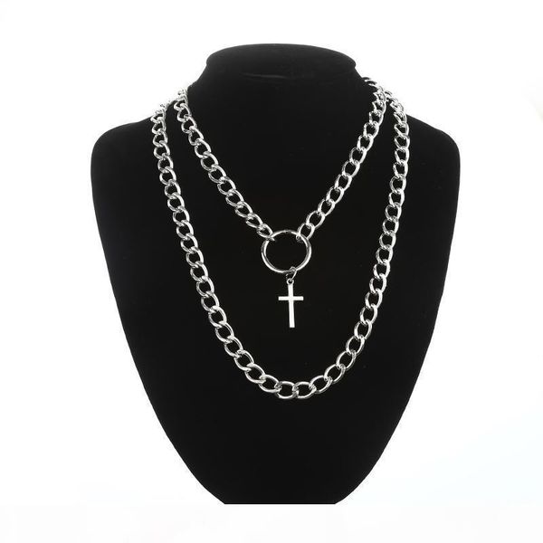

многослойные цепи ожерелье панк мода крест кулон ожерелье женщин мужчины металлические цепи хип-хоп готические ювелирные подарки, Silver