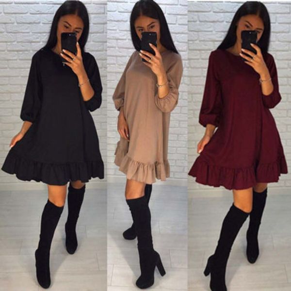 

women autumn dress casual long sleeve evening party round neck ruffle short mini dresses, Black;gray