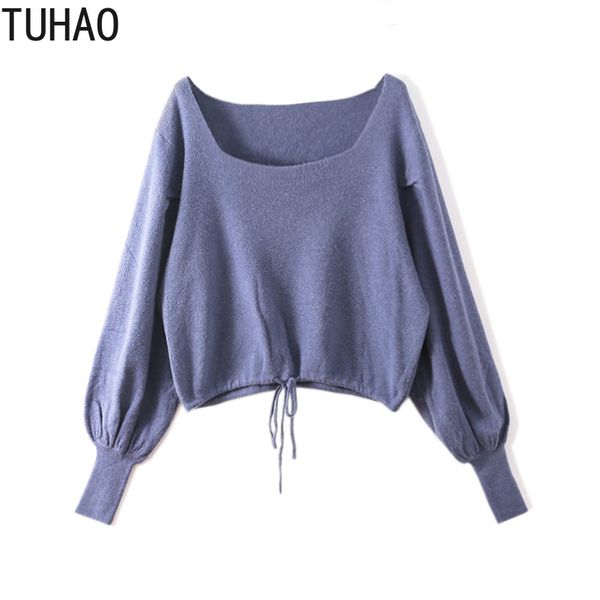 

lantern sleeves square collar drawstring pullover sweater female tuhao fall loose knitted casual street outerwear t9381, White;black