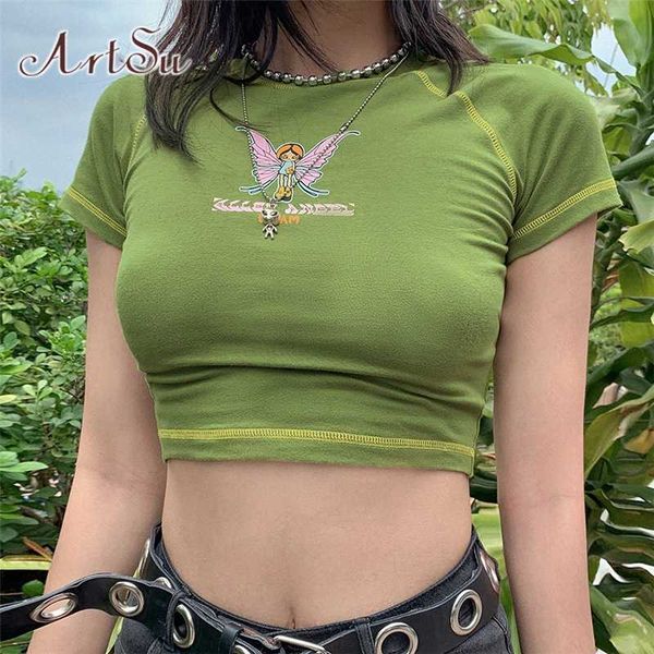 

e-girl butterfly graphic and letter printing stitch green crop y2k summer grunge style o-neck short sleeve t-shirts, White