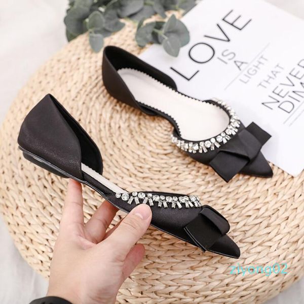 

pointed bow lady flat shoes 2020 spring beaded decoration women flat-heeled shoes est brand rhinestone wedding shoes, Black