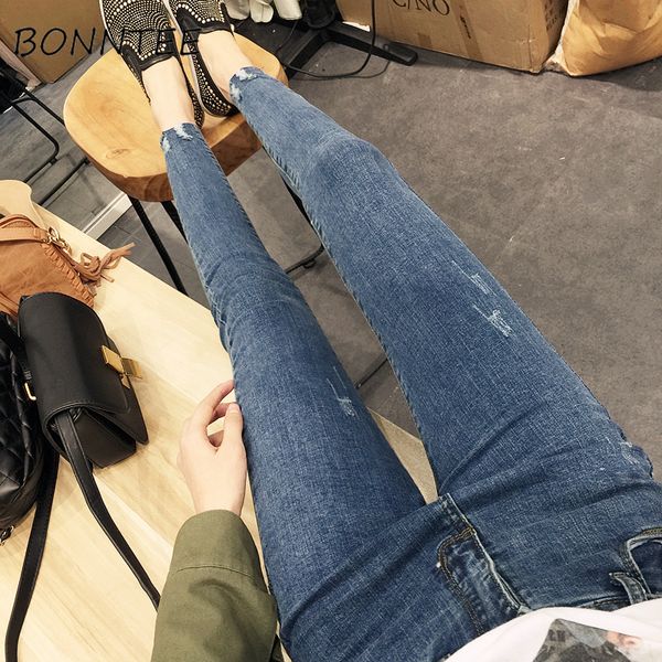 

jeans ripped skinny high waist women slim all-match korean pencil retro womens elasticity casual elegant denim trousers students, Blue