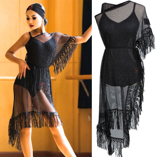 

new latin dance dress black mesh fringed dress cha cha salsa samba carnival costumes ladies practice performance wear dnv10190, Black;red