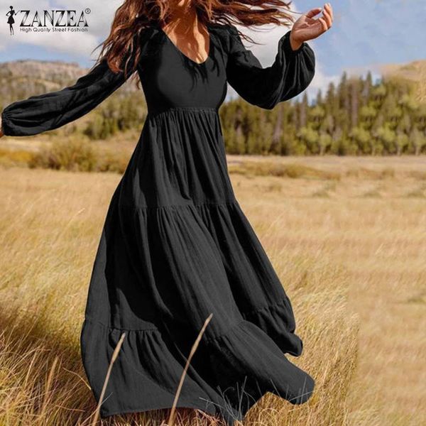 

casual dresses plus size zanzea bohemian sundress women's puff sleeve long plain maxi dress v neck loose patchwork beach robe, Black;gray