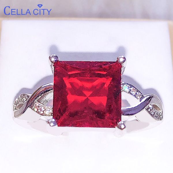 

cellacity 925 silver ring for women with big ruby square gemstone charm female jewelry engagement wedding party gift, Golden;silver