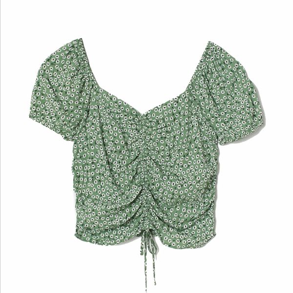 

flower printing slash neck woman drawstring pleated shirt crop 2020 fashion casual ladies short sleeve blouse s7231, White