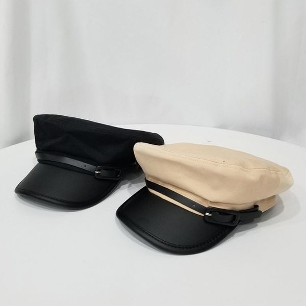 

women classic retro buckle newsboy octagonal flat cap contrast color british painter style faux leather visor navy hat, Blue;gray