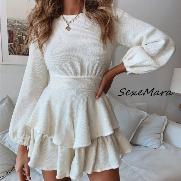 

autumn casual lantern sleeve backless women dress fashion 2019 elegant ruffles sashes dress, Black;gray