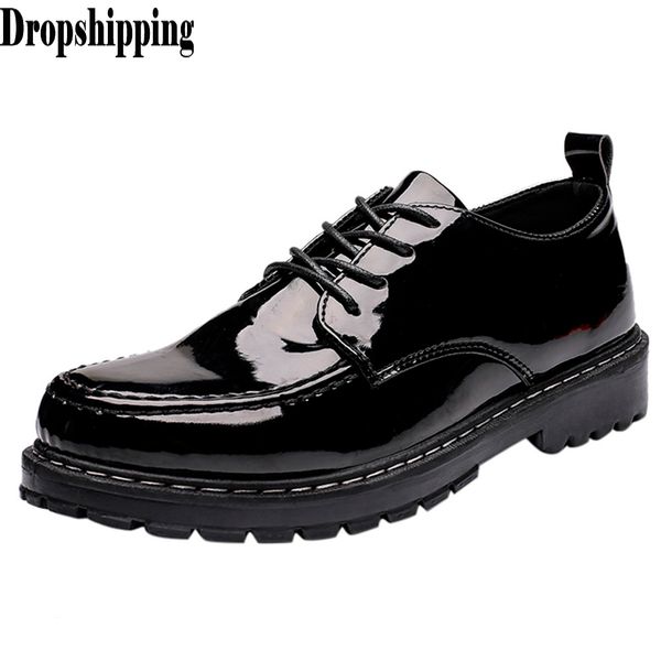 

leisure patent leather formal shoes men business leather shoes solid color flat lace-up round toe business platform footwear #zb, Black