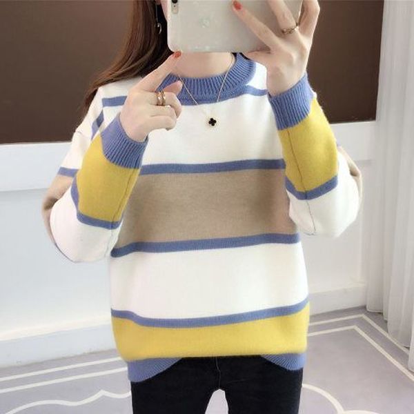 

women's sweaters striped knitting sweater pullover autumn and winter round neck bottoming shirt wild long sleeve high collar, White;black
