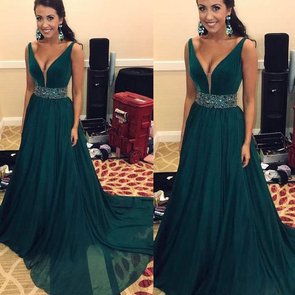 

dark green prom dresses deep v neck beading crystal chiffon a line floor length green evening gowns vestidos de fiesta, Black
