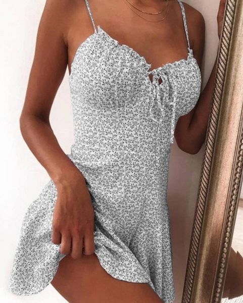 Abiti casual Summer Boho Holiday Tie Front V Neck Sexy Floral Print Mini Dress Fashion Women Spaghetti Strap