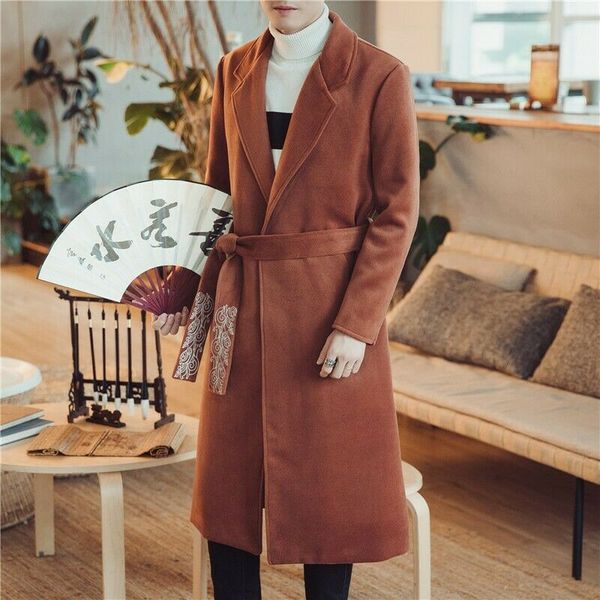 

male woolen embroidered chinese style outwear trench coat belted overcoat l020, Black