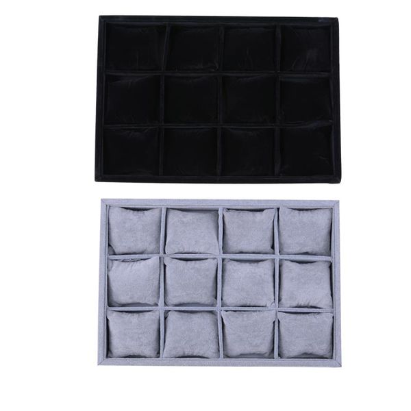 

12 grids flocking watch case jewelry rings bracelets display storage box, Black;blue