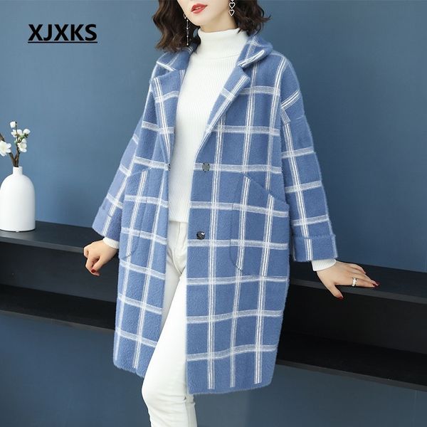 

xjxks new coat women plaid turn-down loose manteau femme hiver long sleeve cardigan single breasted casual autumn winter coat, Black