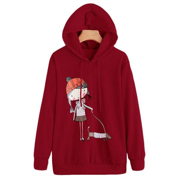 

cartoon print women hoodies sweatshirts long sleeve plus size drawstring loose warm sports hooded o-neck casual running, Black