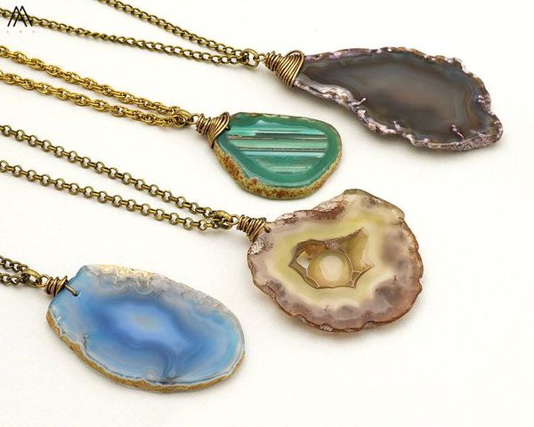 

natural agates stone pendant necklace fashion women slice slab onyx stone beads plated bronze chains necklace jewelry amzn07, Silver