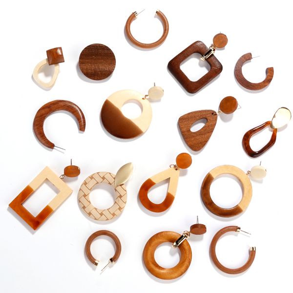 

aensoa simple geometric circle square wooden long drop earrings for women vintage natural splicing hollow wood earrings jewelry, Silver