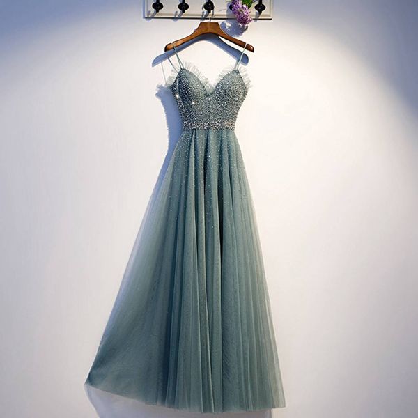 

Sexy V-neck Long Evening Dresses Beaded Pearls Backless Formal Dress Spaghetti Straps Lace-up A-line Prom Gowns Tulle Party Club Dresses