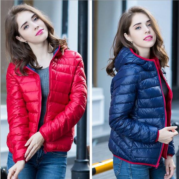 

left rom 2018 winter two side women 90% white duck down jacket women's hooded ultra light down jackets warm winter coat parkas, Black