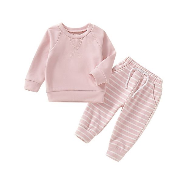 

infant baby girls boys long sleeve blouse striped pattern pants pajamas sleepwear set, Blue;red