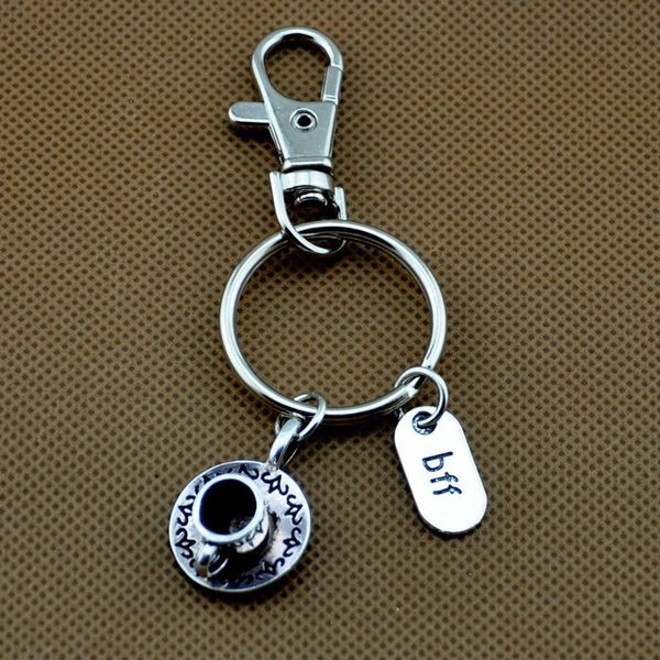 

ancient silver coffee cup bff letter tag charm keychain fashion creative designer keyring couple jewelry friend memorial gifts, Slivery;golden