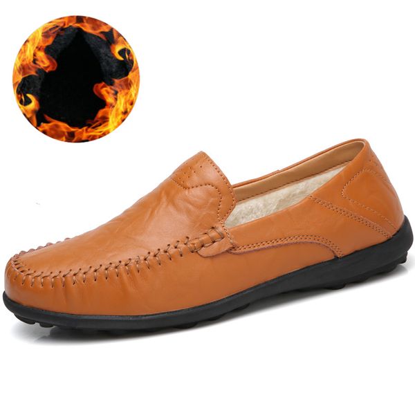 

2019 new winter men shoes genuine leather loafers breathable moccasins comfortable warm fur plush casual shoes large size 38-47, Black