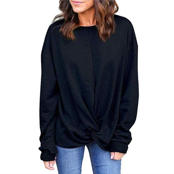 

date shopping office loose fashion vacation long sleeve autumn crew neck women hoodies solid casual soft knot, Black
