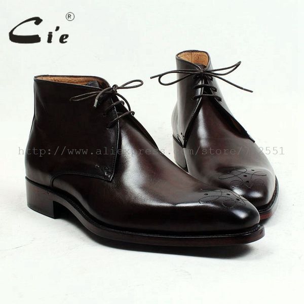 

cie square toe medallion 100%genuine calf leather boot patina deep brown handmade bespoke leather lacing men's ankle boot a99, Black