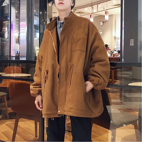 

autumn woolen coat men's fashion solid color casual retro woolen jacket men streetwear wear long coat mens overcoat, Black
