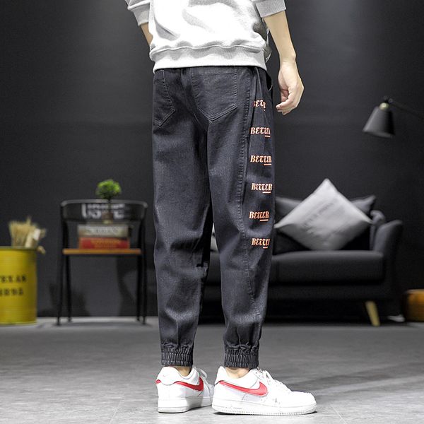 

2020 spring japanese stitching denim trousers men's loose increase letters printed harem pants tide brand beam pants, Blue