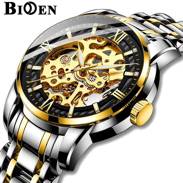 

biden mechanical watch mens business fashion gold watch for men skeleton stainless wrist men male clock relogio masculino, Slivery;brown