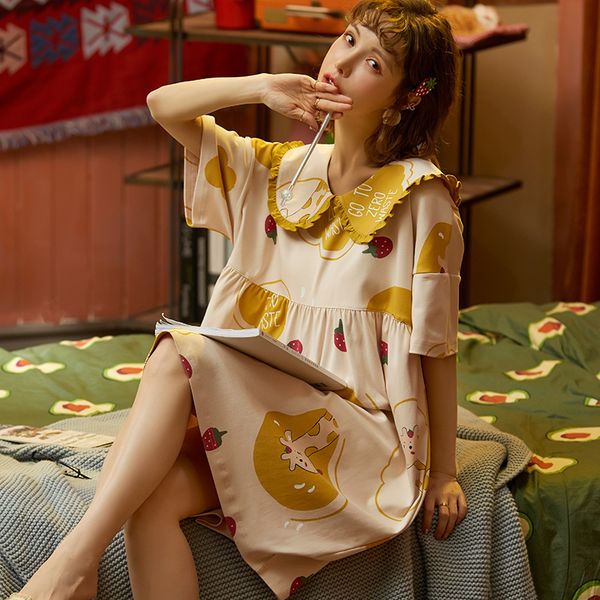 

2020 summer cotton cute women nightdress cartoon nightgown turn-down collar short sleeve sleepwear girl lady female nightwear, Black;red