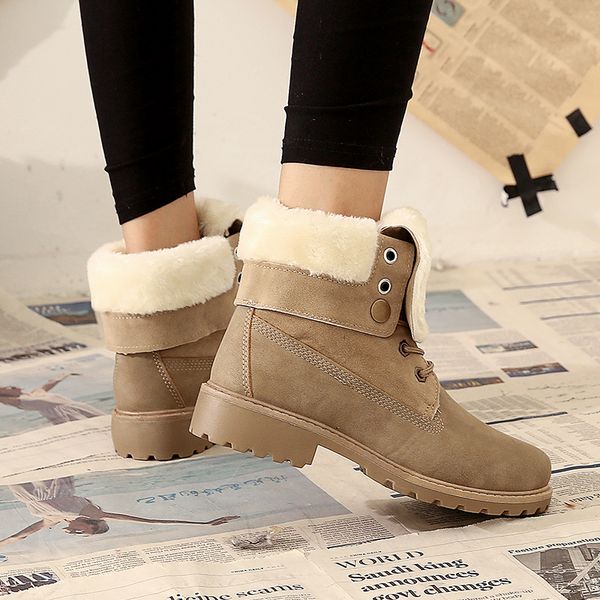 

wdhkun women snow boots flat lace up winter plus size platform ladies warm shoes flock fur women's suede ankle boots female, Black